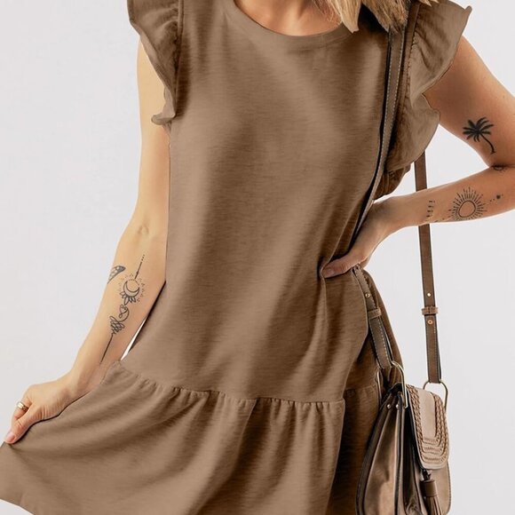 Womens Summer Casual Babydoll Dress Tiered Mini Ruffle Sleeves Crew Neck - Picture 2 of 4